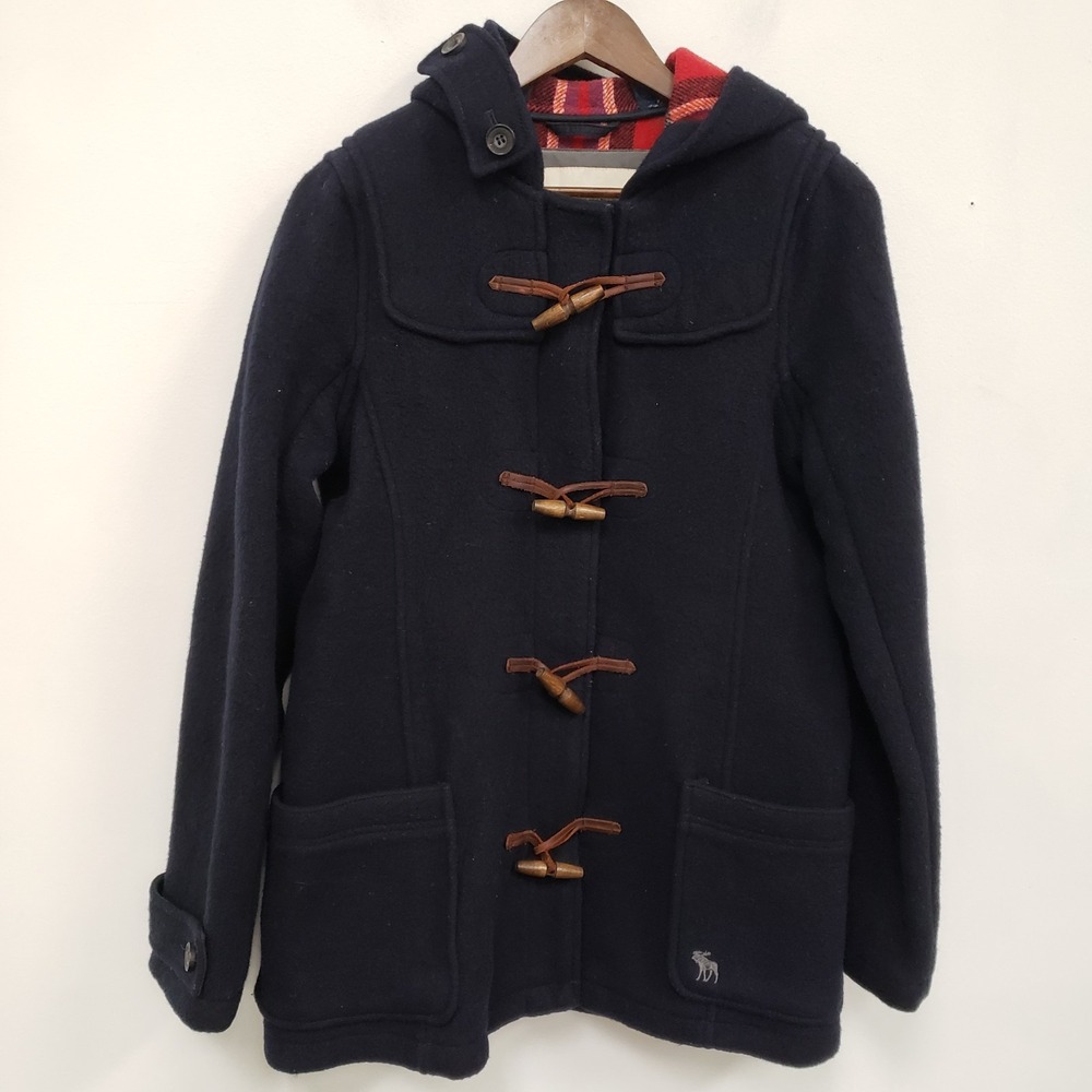 Abercrombie‎ & Fitch Womens Wool Toggle Duffle Coat Size L Tartan Lined Hooded